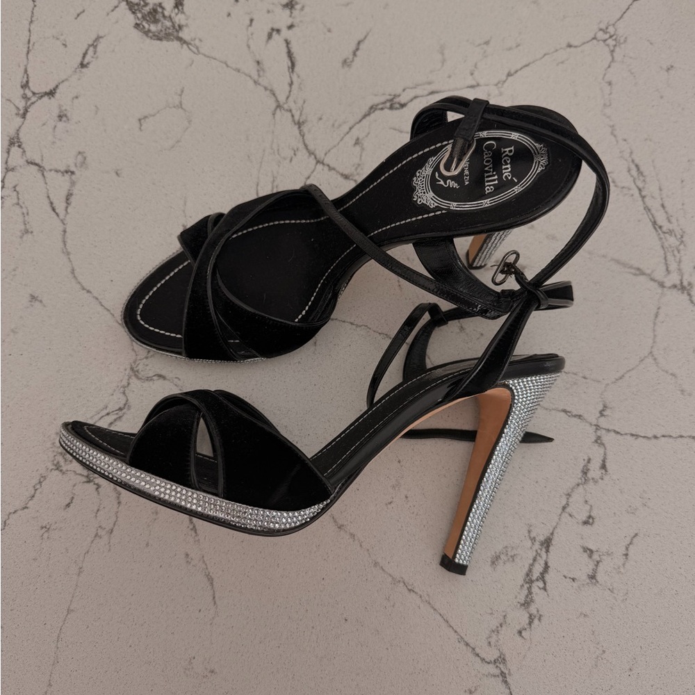 Rene Caovilla Black and Silver Strappy Heels
